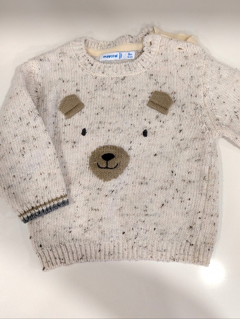 Neutral Speckled Knit Baby Sweater with Bear Motif 9m